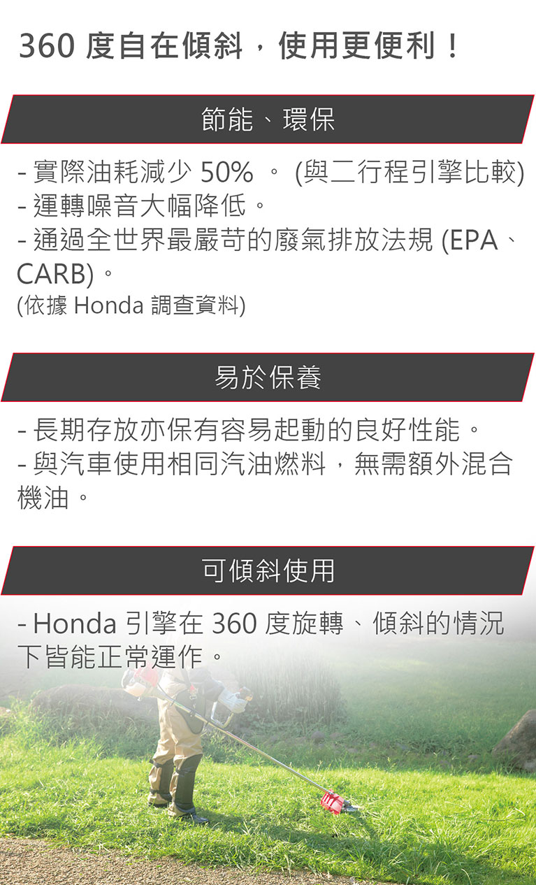 Honda 割草機，節能、環保，易於保養，360度自在傾斜，使用更便利。